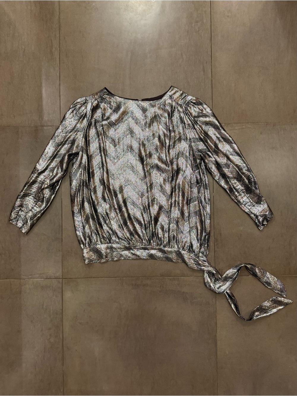 Vintage 1980s Metallic Chevron Blouse Tie-Hem, Women’s Large Sparkly Silver Top